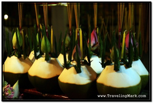 Decorated Green Coconut for Sale at Royal Independence Gardens as Offering to Buddha Decorated Green Coconut for Sale at Royal Independence Gardens as Offering to Buddha