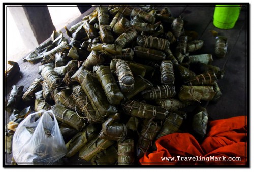 Pile of Sticky Rice Cake Wrapped in Banana Leaves to Preserve Them Without Storing in a Fridge