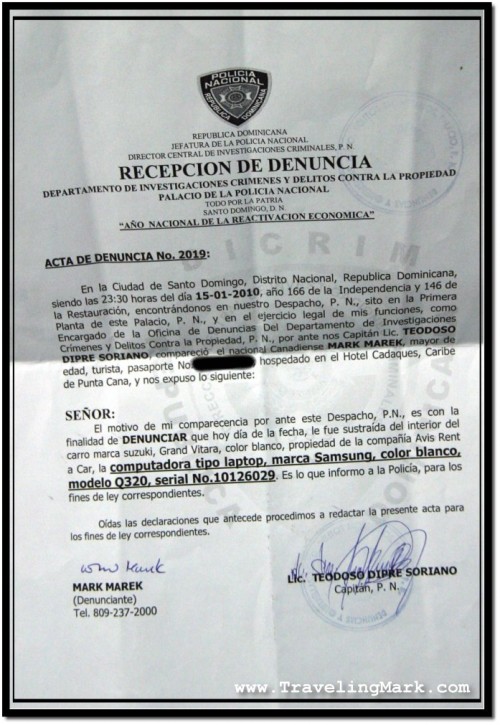 Photo: Copy of Police Report Filed with Policia Nacional Bears Incorrect Serial Number Because I Didn't Have the Correct One