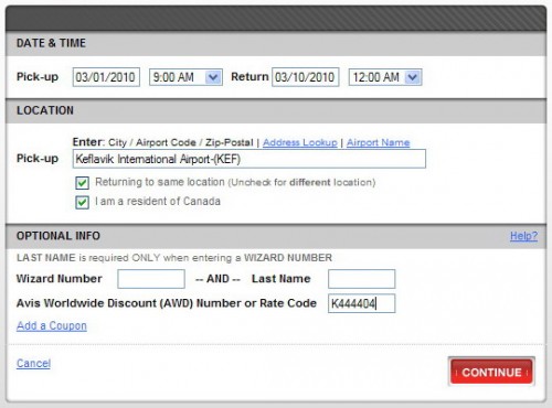 Screenshot from Avis.ca Website Shows Where to Paste the AWC Discount Code Screenshot from Avis.ca Website Shows Where to Paste the AWC Discount Code