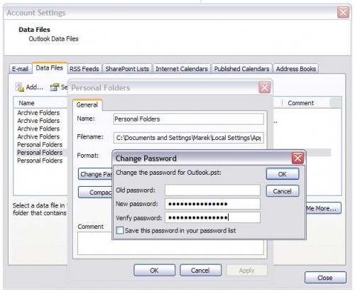 Photo: Change Password Dialog Box in Microsoft Outlook 2007