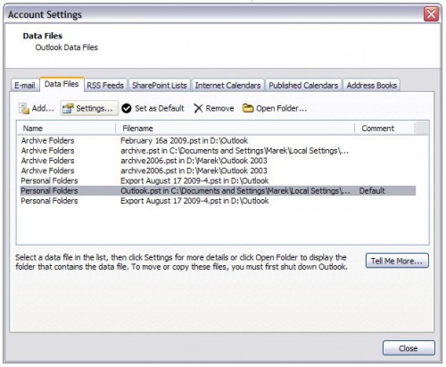 Photo: Account Settings Dialog Box with Data Files Tab in Microsoft Outlook 2007 Photo: Account Settings Dialog Box with Data Files Tab in Microsoft Outlook 2007