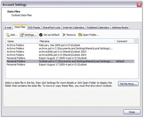 Photo: Account Settings Dialog Box with Data Files Tab in Microsoft Outlook 2007