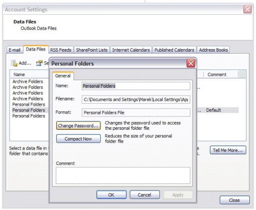 Photo: Personal Folders Dialog Box Which Appears After the Click on Settings Photo: Personal Folders Dialog Box Which Appears After the Click on Settings