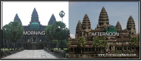 Photo: Angkor Wat in the Morning (left) When Sun Creates Strong Backlight Compared with the Afternoon (right) When Sun Is Behind You