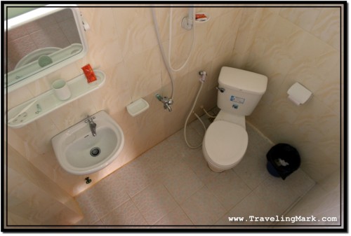 Photo: Small But Cozy Washroom Had Toilet Bowl, Tiny Sink, Mirror and a Shower Hose