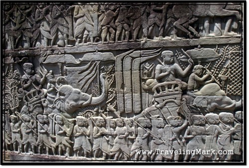 Photo: Bas Reliefs Depicting the War Against Armies of Cham - Exterior Wall of Bayon Photo: Bas Reliefs Depicting the War Against Armies of Cham - Exterior Wall of Bayon