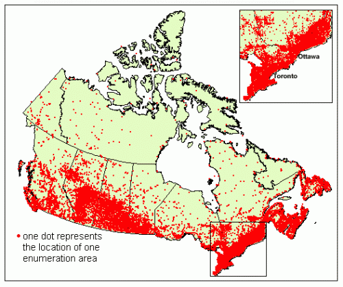 Photo: Population Distribution on the Map of Canada, Image Source: Statistics Canada Photo: Population Distribution on the Map of Canada, Image Source: Statistics Canada