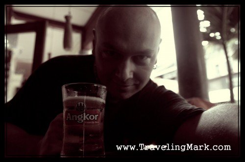 Black and White Photo of Me Drinking Angkor Beer Draught
