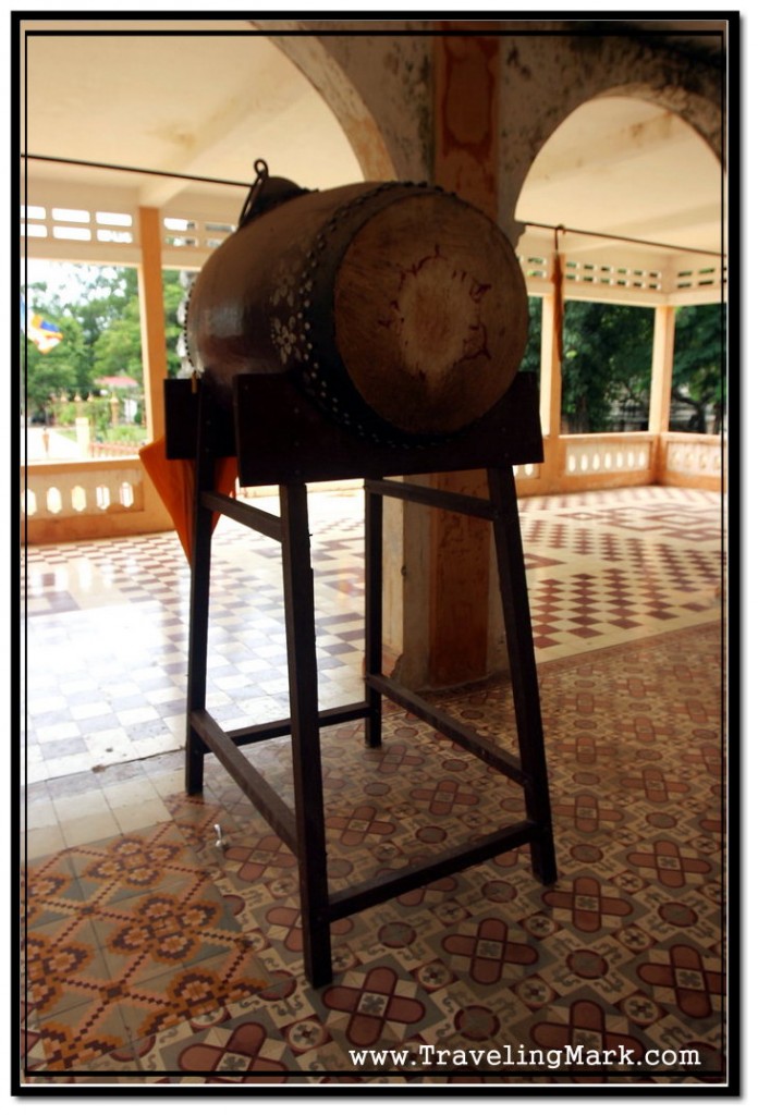 Photo: Large Hand Crafted Drum at Doorsteps to Wat Damnak Temple