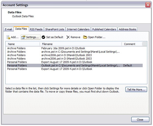 Photo: Account Settings Dialog Box with Data Files Tab in Microsoft Outlook 2007