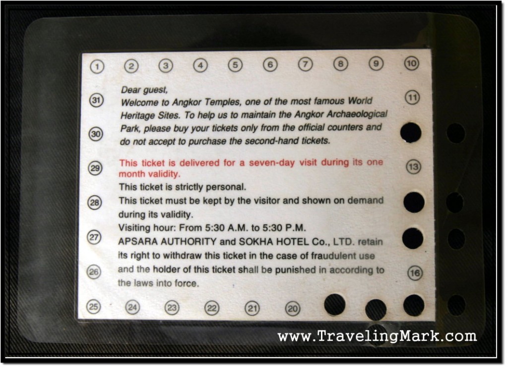 Photo: Rear Side of the Seven Day Pass to Angkor with Hole Punched To Signified Used Entry