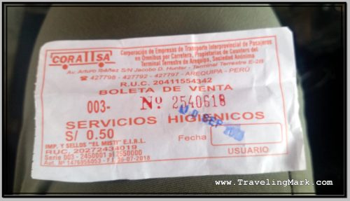 Photo: Arequipa Bus Terminal Ticket for Use of Toilets