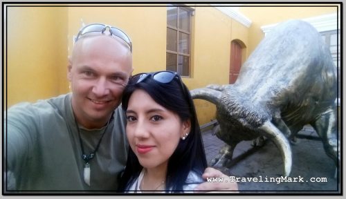 Photo: In Front of Bronze Statue of Bull with Milagros at Menelik Museum