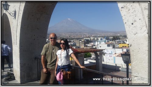 Photo: We Asked Someone to Snap Picture of Me with Milagros in Front of Misti Volcano