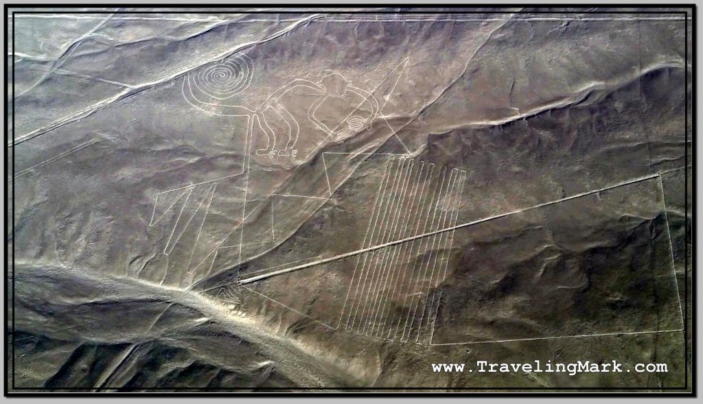 Photo: Nazca Geoglyph Image of Monkey (Mono) with Neaby Decorative Lines