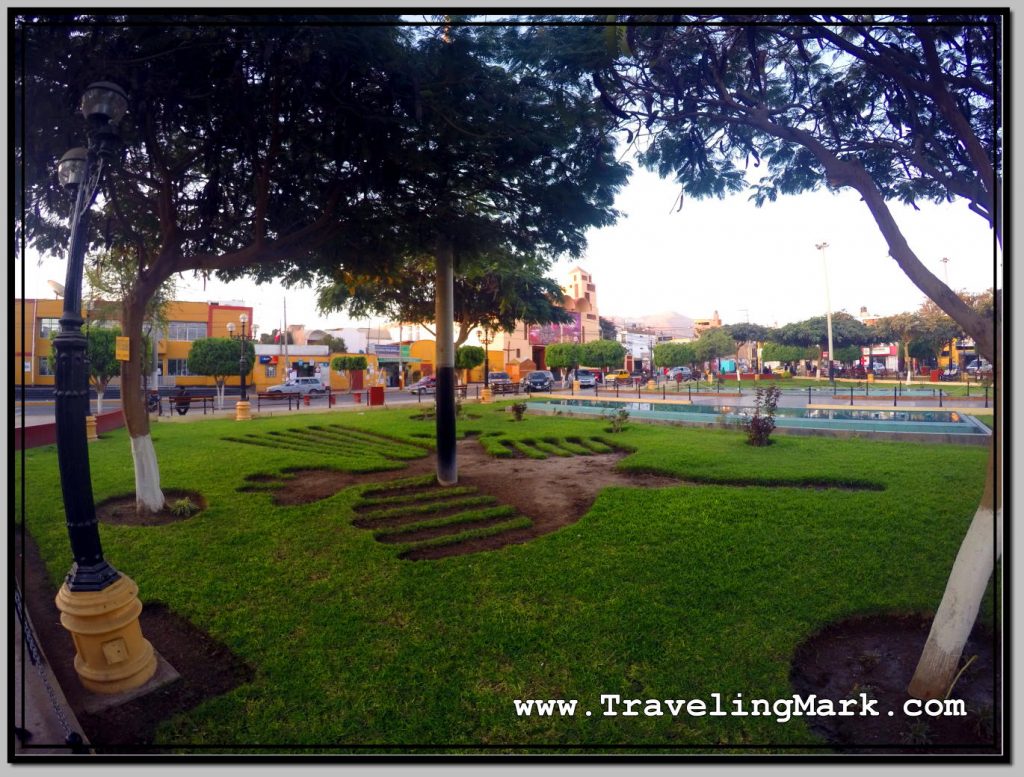 Photo: Plaza de Armas in Nazca Has Lawn Decorated with Copies of Geoglyphs