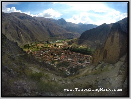 Photo: Bird's Eye View of Ollantaytambo Town with Section of Storehouse Ruins on Pinkuylluna Mountain