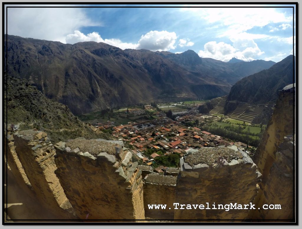 Photo: Pinkuylluna Ruins with Town of Ollantaytambo in the Background