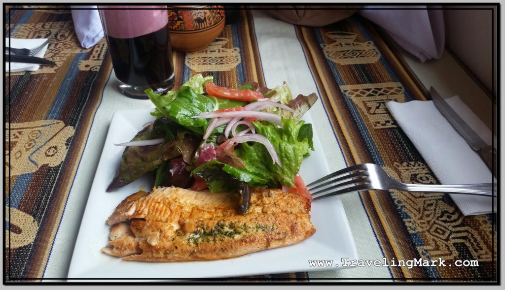 Photo: Fried Trout with Fresh Salad and Chicha Morada at Apu Veronica Restaurant