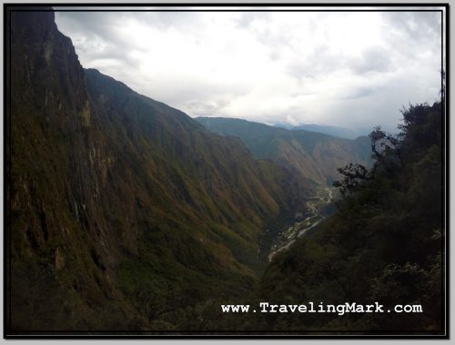 Photo: Wide Angle View of the Vilcanota (Urubamba) River Valley with Steep Cliffs on the Opposite Side of the Inca Bridge